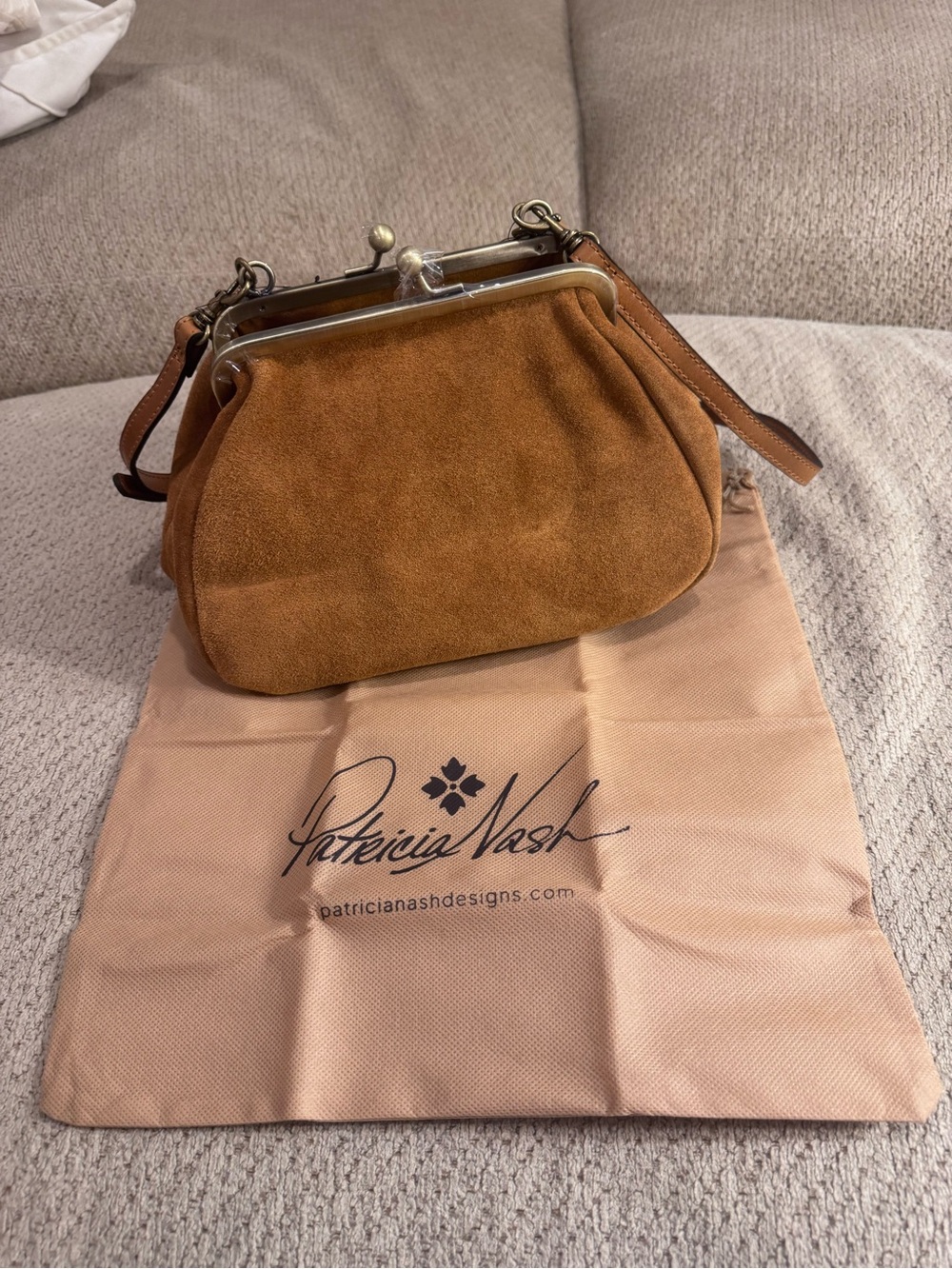 Suede Kiss-Lock Patricia Nash Crossbody Bag in Caramel - Picture 2 of 11